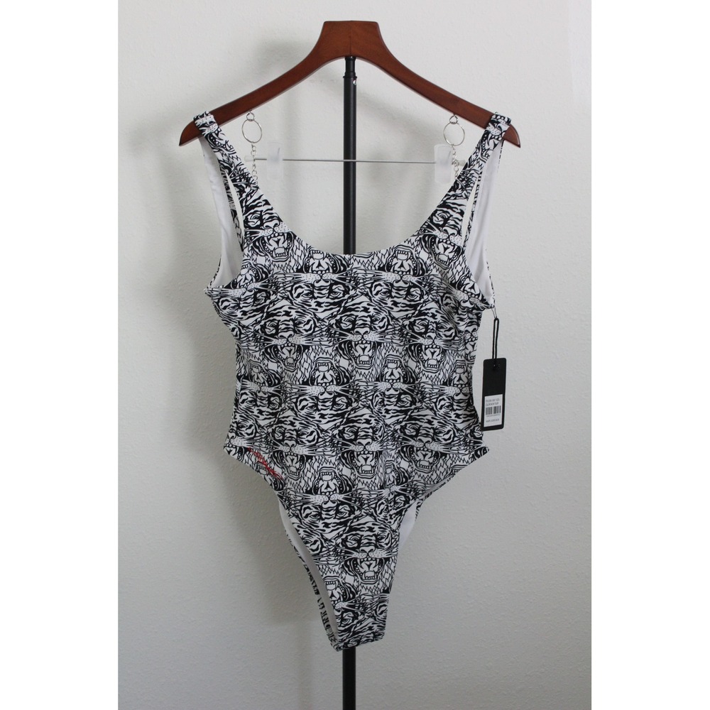 Ed Hardy Snow Tiger One‎ Piece Swimsuit Black White Graphic Print Large NWT
